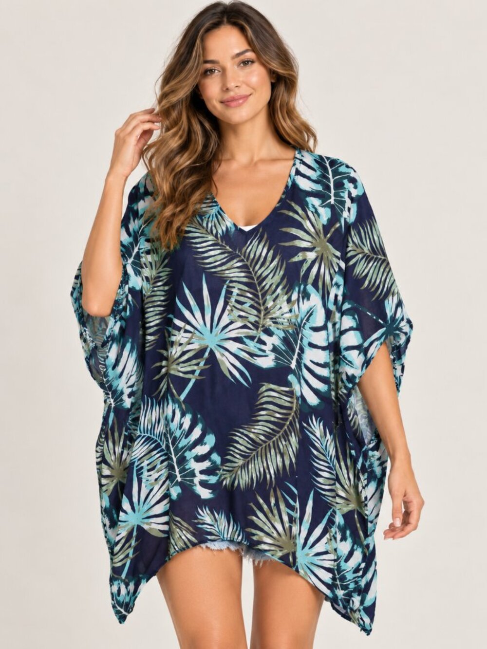 RR Hawaii Resort One Size Tropical Palm Leaf Navy Aqua Kaftan Tunic Cover Up